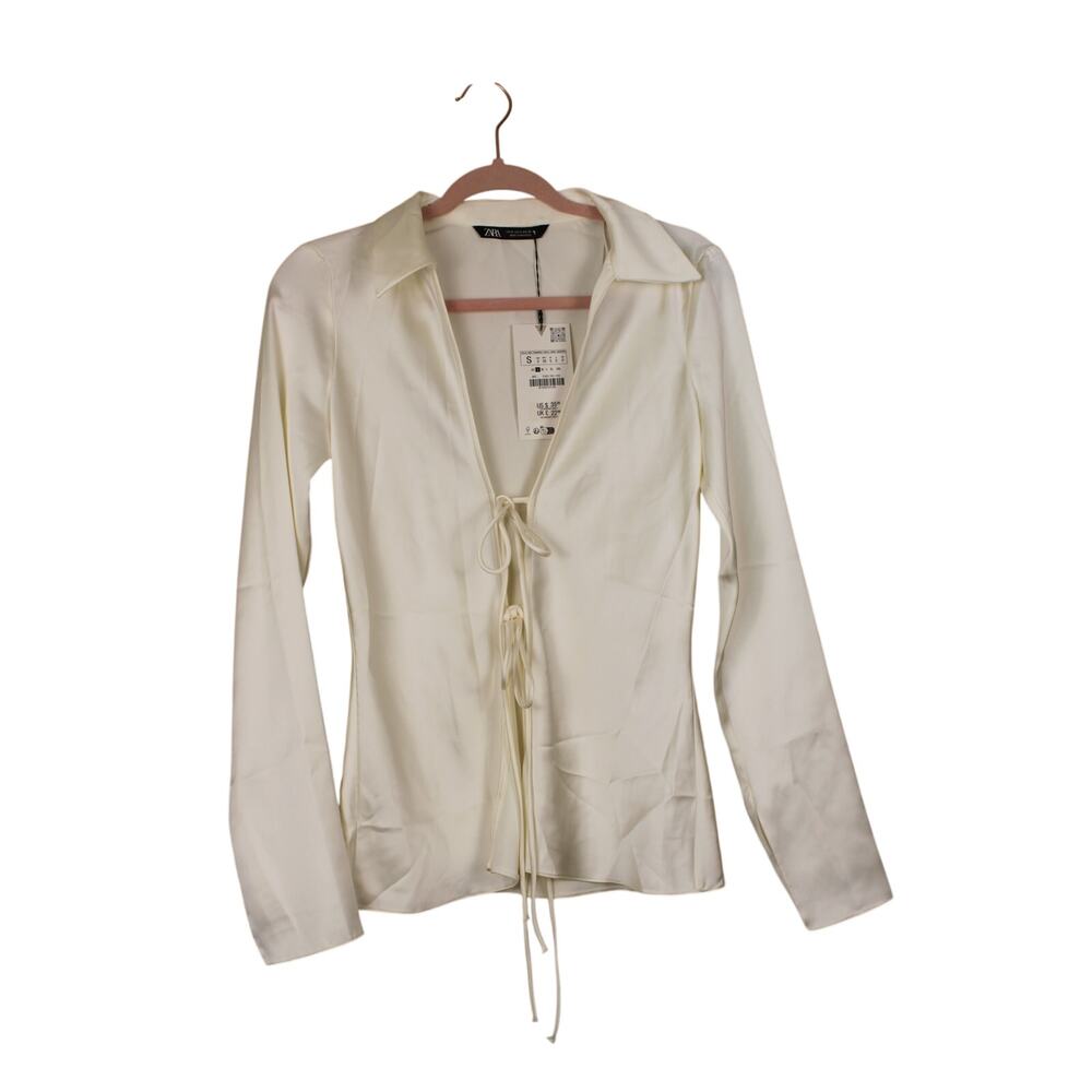 NWT Zara Coquette Casual Elegant Dressy Ivory Satin Long Sleev Blouse S